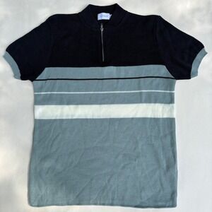 Topman Mens Quarter Zip Knit Polo Shirt Navy Blue Striped Short Sleeve Size M